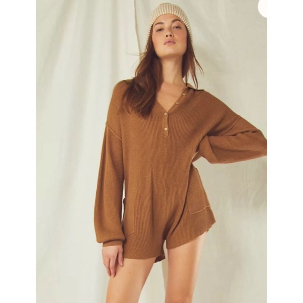 Free People Beach Picnic Knit Sweater Ribbed Oversized Lounge Romper FP Medium